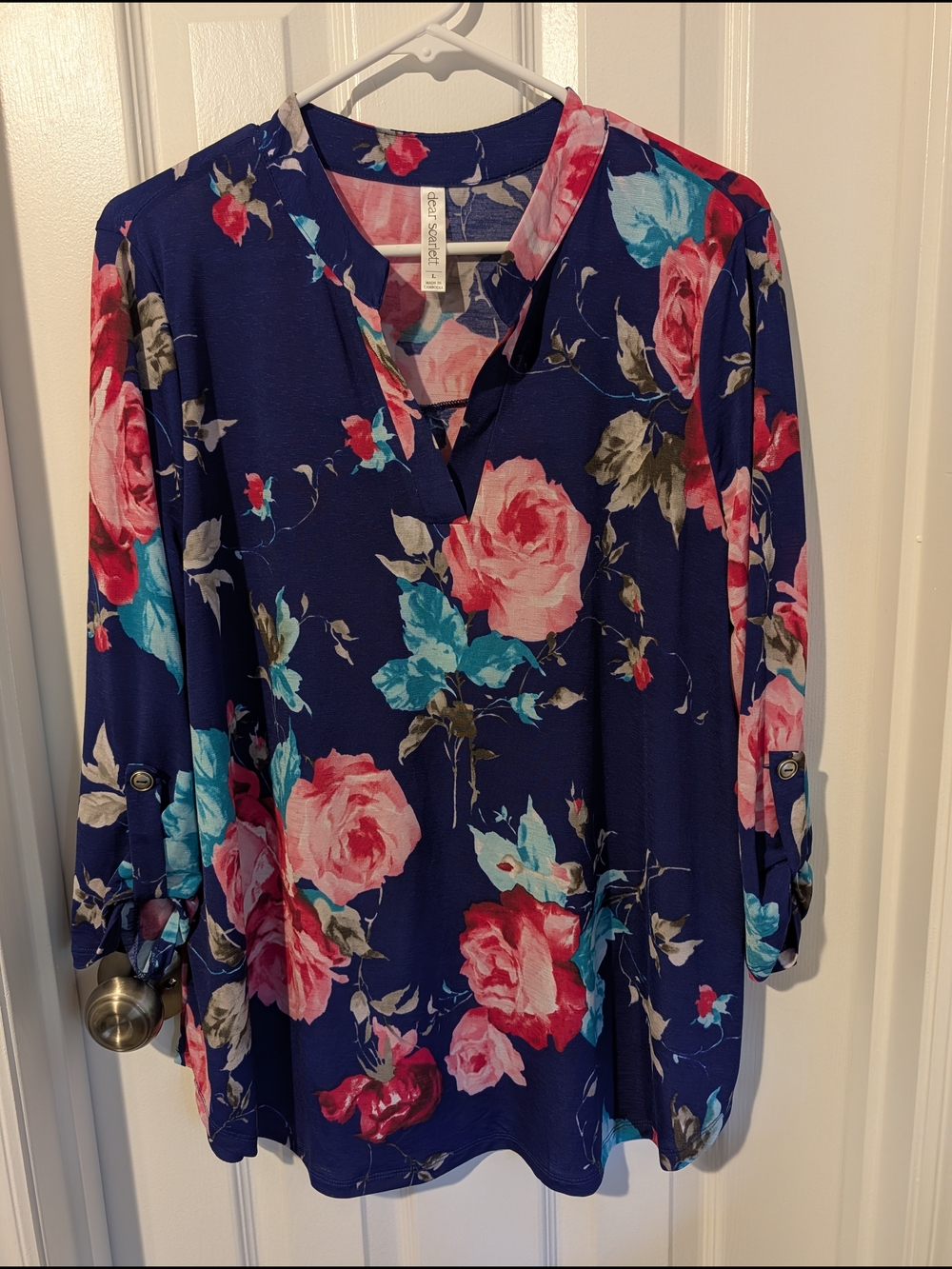 Dear Scarlett Navy and Pink Floral V-Neck Roll-Tab Sleeve Blouse, Size Large